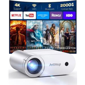 Mini Projector With WiFi and Bluetooth, 400 ANSI Outdoor Projectors 1080P for iPhone, Home Theater Projector 4K Support for Bedroom, 200 Wireless WiFi Projector for Smartphone/HDMI/USB/TV Stick