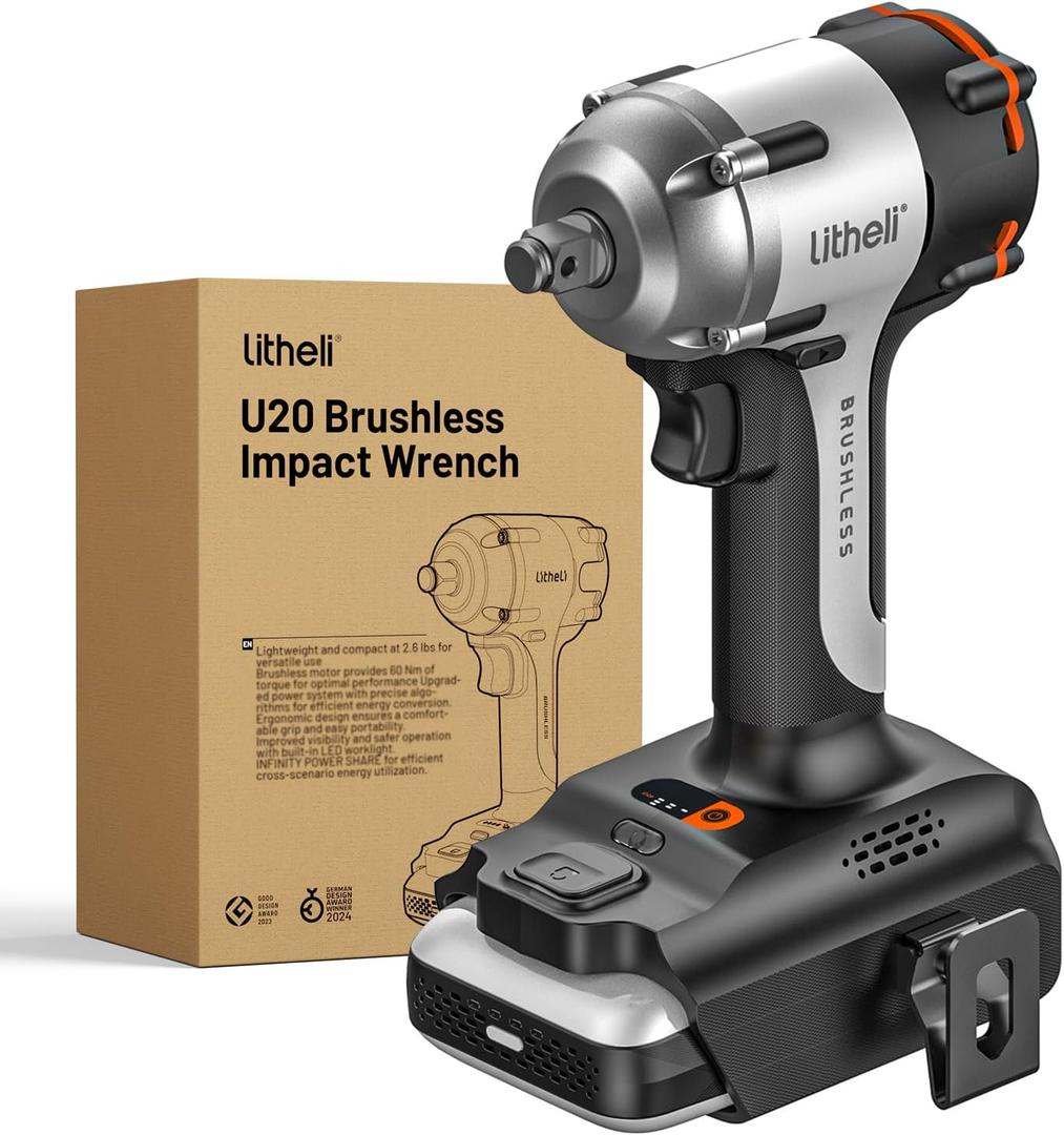 Litheli Cordless Impact Wrench, 1/2 Inch Hog Ring Brushless Impact Gun with 12,500 mAh Battery, Variable Speeds Impact Driver for Car Home, Charger not Included