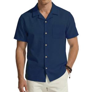 PJ PAUL JONES Mens Linen Shirt Cotton Hawaiian Shirts Short Sleeve Button Down Casual Cuban Summer Beach Shirts with Pocket (Blue, M)
