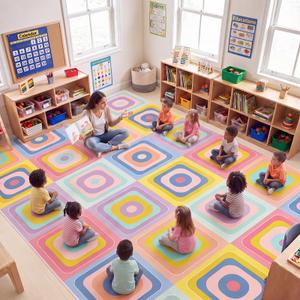 Amylove 7.6 x 12 ft Large Classroom Rug Elementary, Rounded Squares Circle Time Seating Area Rug,Educational Happy Boho Pastel Carpet for Preschool, Kindergarten Daycare, Learning Play Mat, Seats 24