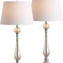JONATHAN Y 32.5" Champagne Glass Table Lamp Set of 2 for Living Room Bedroom, Traditional French Country Bedside Lamps with White Faux Silk Shade, LED Bulbs Included JYL2067A-SET2