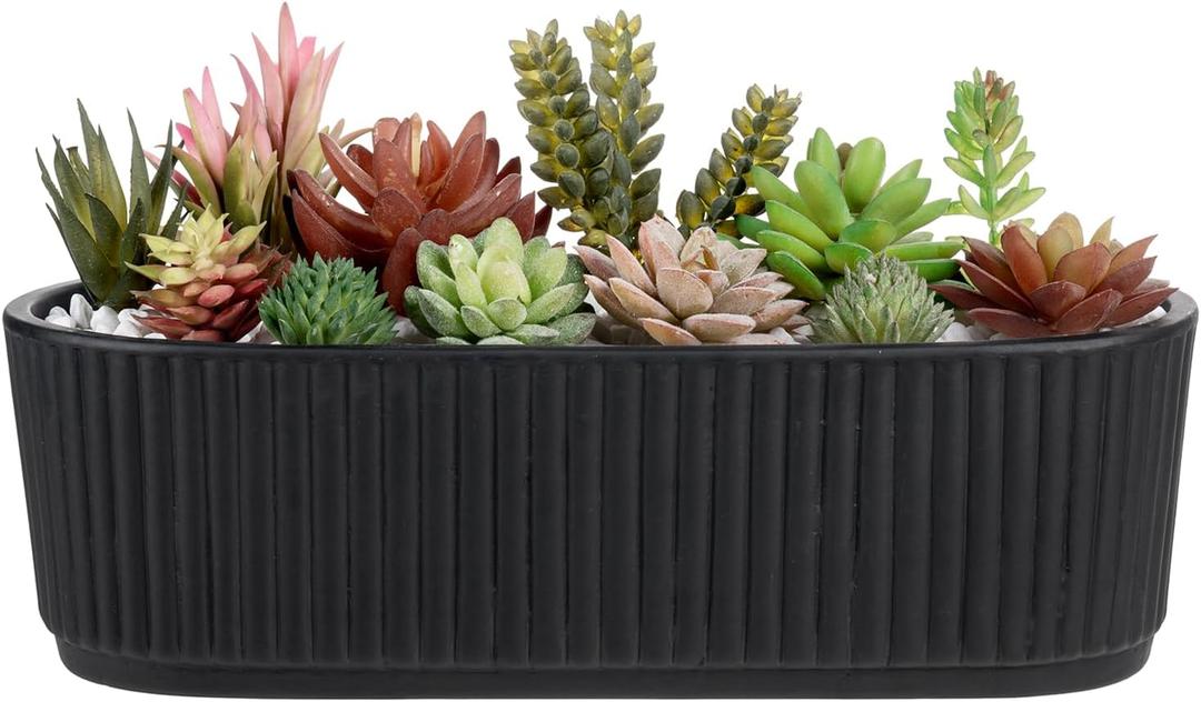MyGift 12 Inch Ceramic Succulent Planter, Oval Matte Black Planter Pot with Drainage Holes, Indoor Plants Flower Herb Garden Pot Window Box