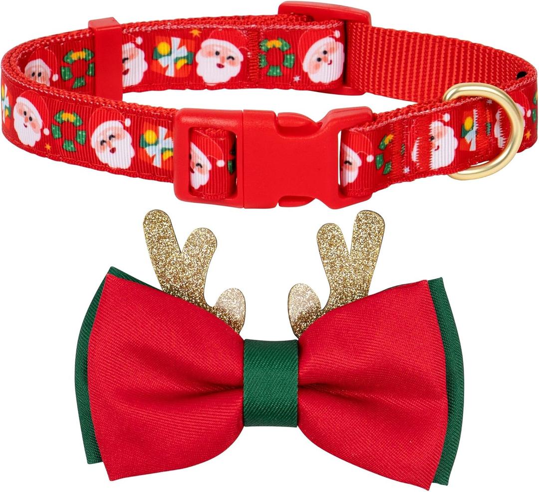 azuza Christmas Pet Collar Santa Print Xmas Dog Collar with Removable Glitter Antler Bowtie, Adjustable Dog Collars Accessories for Large Dogs (L - Neck:18-26 inch)