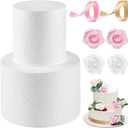 2 Tiers Foam Cake Dummies Set 4" 6", PLULON White Round Practice Cake Dummy 8 Inch Tall with Artificial Roses and Ribbons for Wedding Baby Shower Birthday Anniversary Christmas Party Supplies