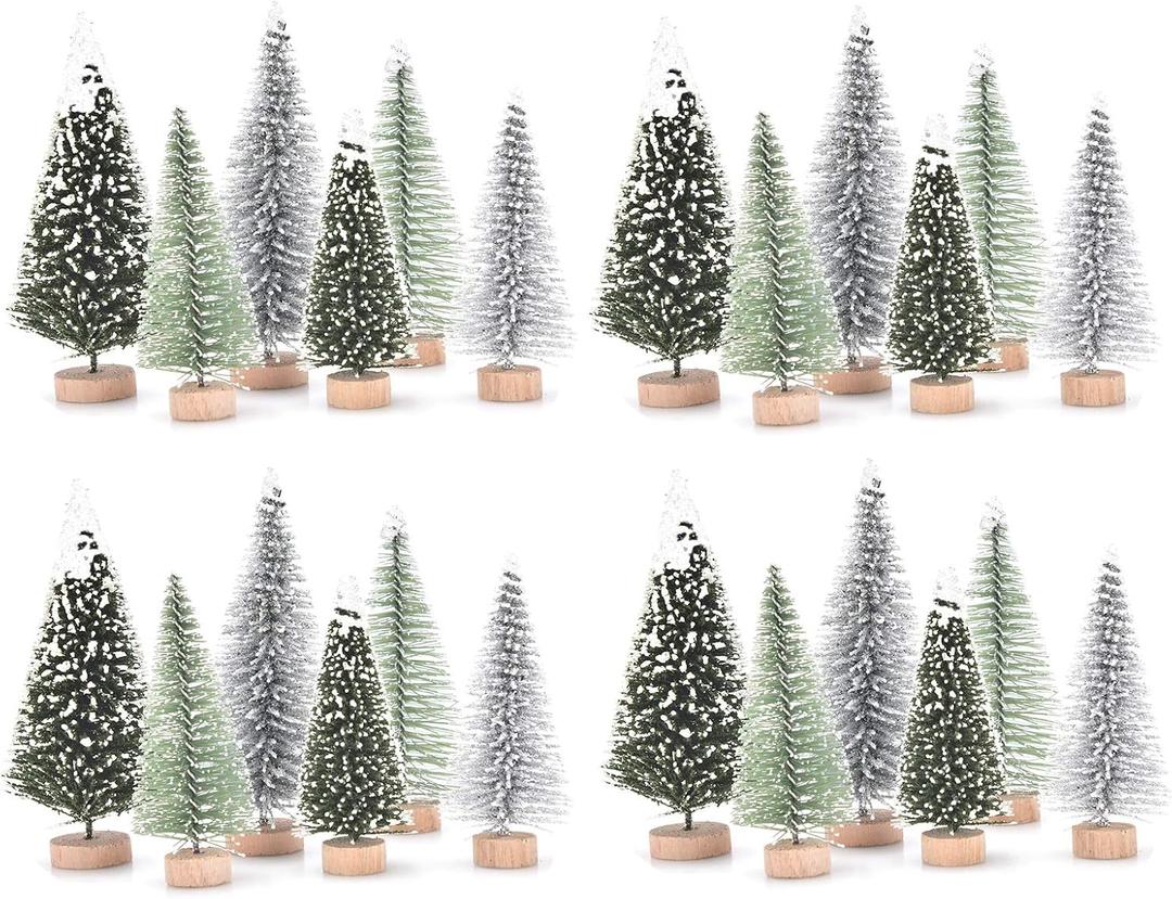 42 Pcs Christmas Tree DIY Bottle Brush Trees Plastic Sisal Trees Miniature Snow Frost Fir with Wood Base for DIY Crafting,Displaying,Desktop Home Decoration Christmas Decoration,6 Styles