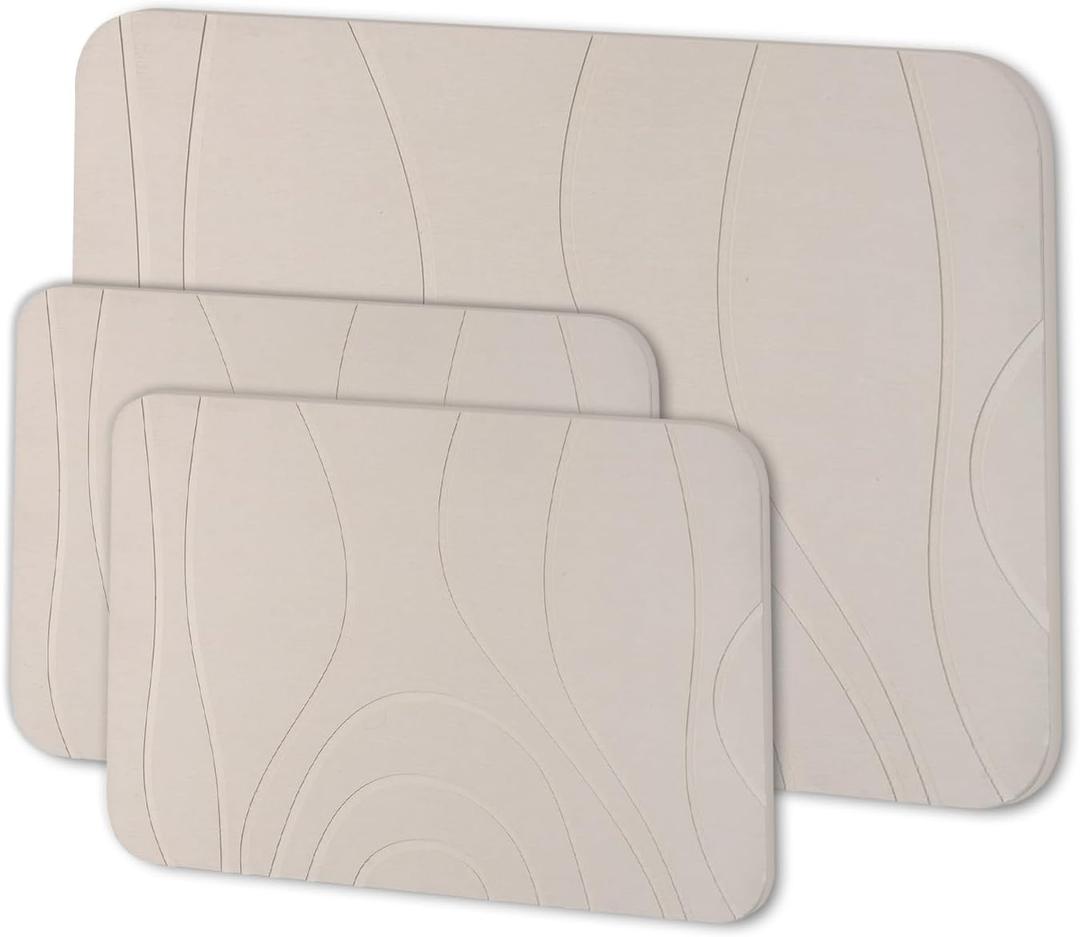Stone Bath Mat, Diatomaceous Earth Shower Mat, Set of 3, Non-Slip Super Absorbent Quick Drying Bathroom Floor Mat, Greyish White