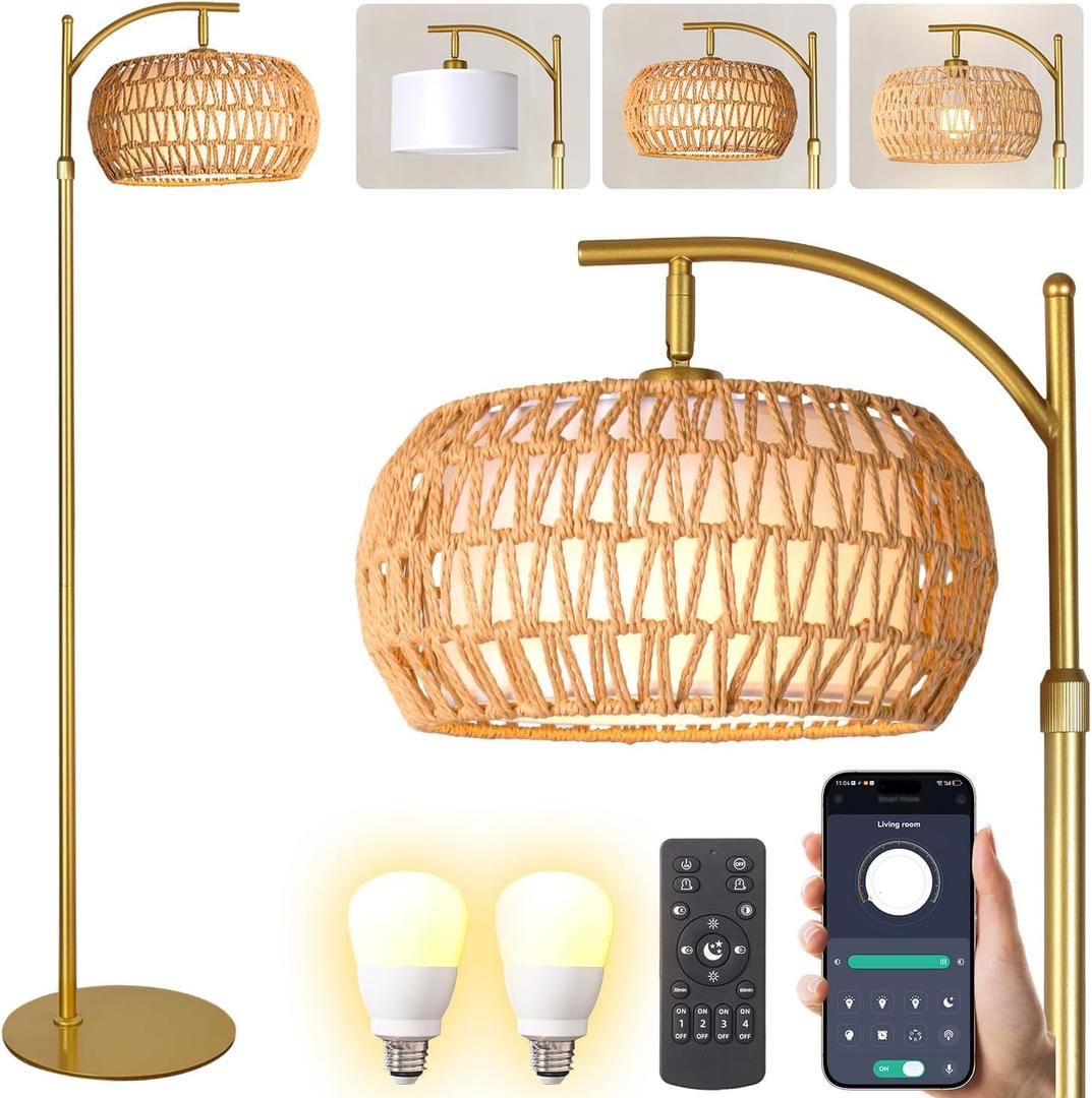 Gold Boho Rattan Floor Lamp w/Remote, Dimmable (2700K - 6000K), 2 - in - 1 Wicker & Fabric Shade, Adjustable 165-172cm for Living Room & Bedroom (Small)