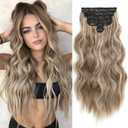 Clip in Hair Extensions for Women, 6PCS Long Wavy Curly Clip on Hair Extensions 16 Inch Ash Brown Mixed Ash Blonde Synthetic Hairpieces