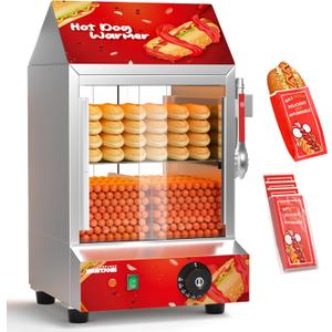 WantJoin Hot Dog Steamer with Bun Warmer - Electric Steaming Machine 2-Tier 27L/28.8 QT Capacity for 175 Hot Dogs & 40 Buns, Visible Glass Slide Doors for Commercial Home Use