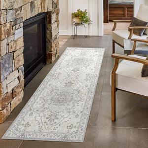 Deerly Runner Rug 3x8 Washable Vintage Area Rugs for Hallway Bohemian Non-Slip Low-Pile Floor Carpet for Kitchen Bathroom Bedroom Dining Room, Beige/Multi