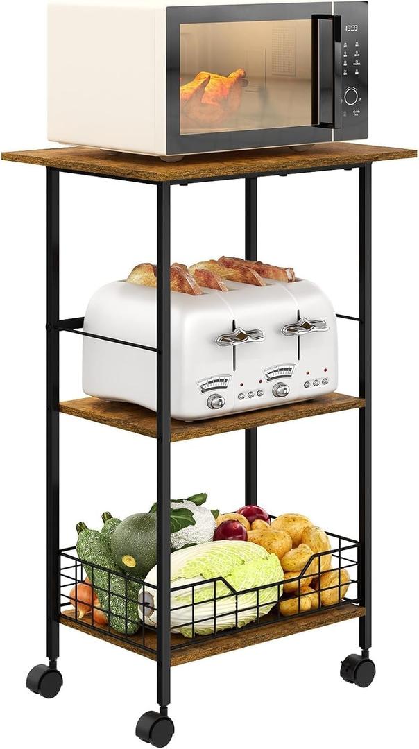 Microwave Stand with Storage, 3-Tier Rolling Kitchen Cart Table with Wire Basket, Wood and Metal Utility Cart on Wheels, Small Coffee Bar Station Cart As Kitchen Island, Microwave Shelf Organizer