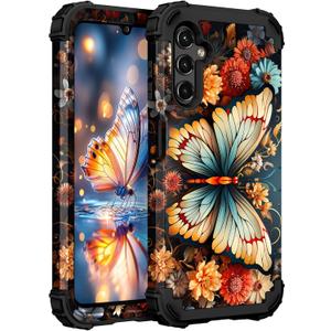 Hocase for Galaxy A14 5G Case, Heavy Duty Shockproof Protection Soft Silicone Rubber Bumper+Hard Plastic Hybrid Protective Case for Samsung Galaxy A14 5G (6.6" Display) 2023 - Butterfly on Flowers