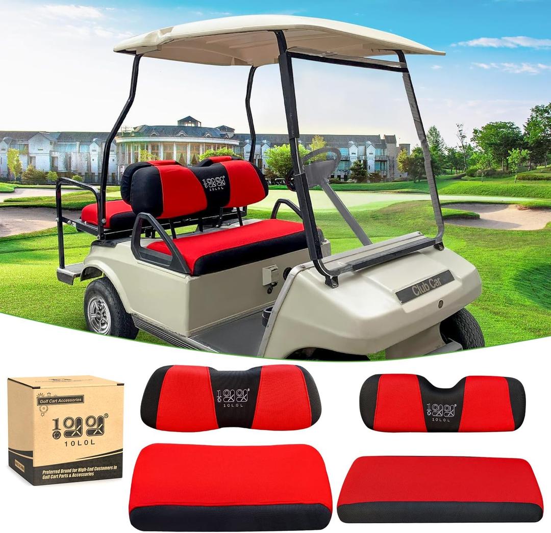 10L0L Golf Cart Front Rear Seat Cover Set for EZGO TXT RXV & Club Car DS 2000-up(Flat Backrest), Made w/ 3D Air Mesh Polyester Fabric Breathable Washable (Red & Black)