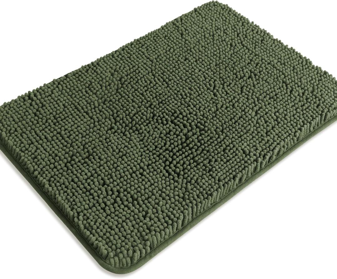 Olive Green Bathroom Rugs Absorbent and Washable Bath Mat, Non-Slip, Thick Soft Chenille Bath Rugs for Bathroom Floor, Shower, Sink,  Dark Green - 17" x 24"