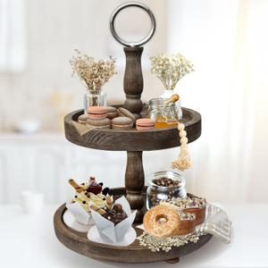 Premium Rustic Round 2 Tier Tray Stand - Farmhouse Wooden Tiered Tray Stand - Two Tiered Decorative Tray Centerpiece for Home Decor - Elegant Dessert Stand, Cupcake Stand, Coffee Bar Organizer (2-tier Brown (Classic Edition))