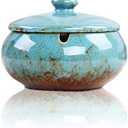 Lependor Ceramic Ashtray with Lids, Windproof, Cigarette Ashtray for Indoor or Outdoor Use，Ash Holder for Smokers,Desktop Smoking Ash Tray for Home Office Decoration - Blue