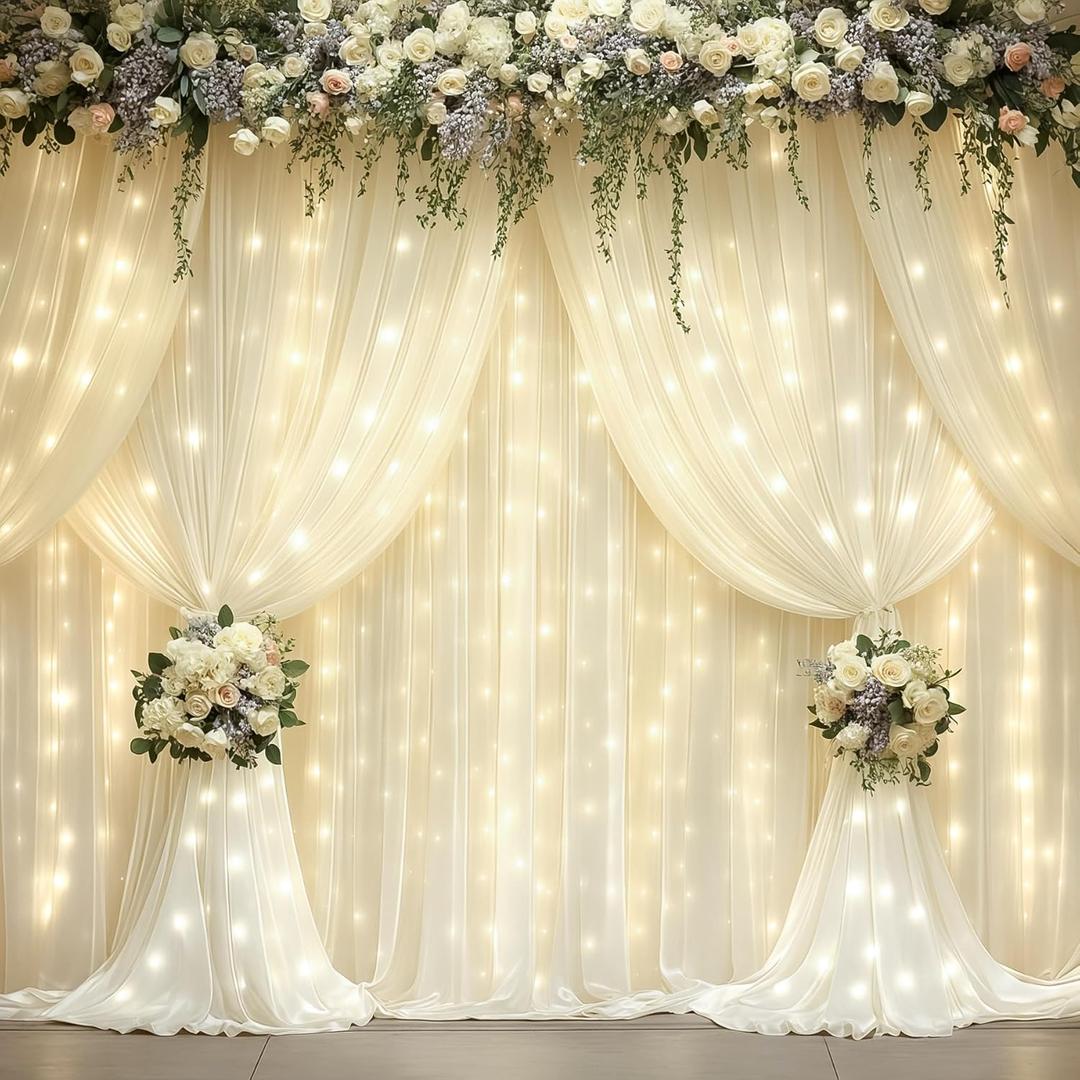 10x10ft Ivory Backdrop Curtains with Lights Photo Drapes Wrinkle Free Fabric Backdrop Curtain for Wedding Birthday Party Baby Shower Bridal Shower Home Party Background Decorations