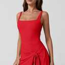 QINSEN Square Neck Swim Dress for Women Tummy Control One Piece Swimsuit Wrap Bathing Suit (Red, XL)