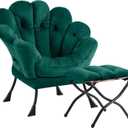 Welnow 2025 Lazy Chair with Ottoman, Comfy Reading Chair Lounge Accent Chair Modern Floral Chair with Footrest Butterfly Leisure Living Room Chair for Small Spaces, Bedroom, Dorm Room, Dark Green