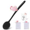 Silicone Body Scrubber for Shower Men Women  Dual-Sided Exfoliating & Massage Shower Brush with Long Handle, Creates Rich Lather, Includes 1 Hook & 2 Lather Balls (Black).