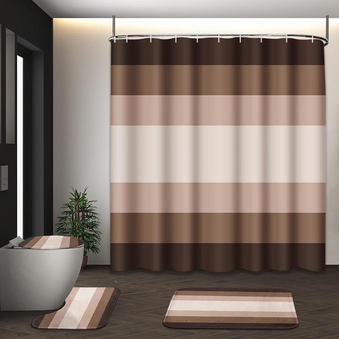 Tayney Brown Beige Shower Curtain Set with Toilet Lid Cover and Non-Slip Rugs for Bathroom, Modern Striped Lines Ombre 4 Pcs Shower Curtain, Simple Abstract Bathroom Set with 12 Hooks