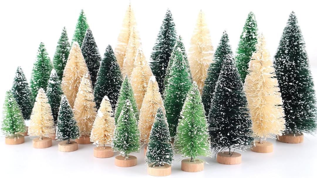 30Pcs Mini Christmas Trees - Artificial Christmas Tree Bottle Brush Trees with 5 Sizes, Snow Trees with Wooden Base for Christmas Party Home Table Craft Decor (GrassGreen+Green+White)