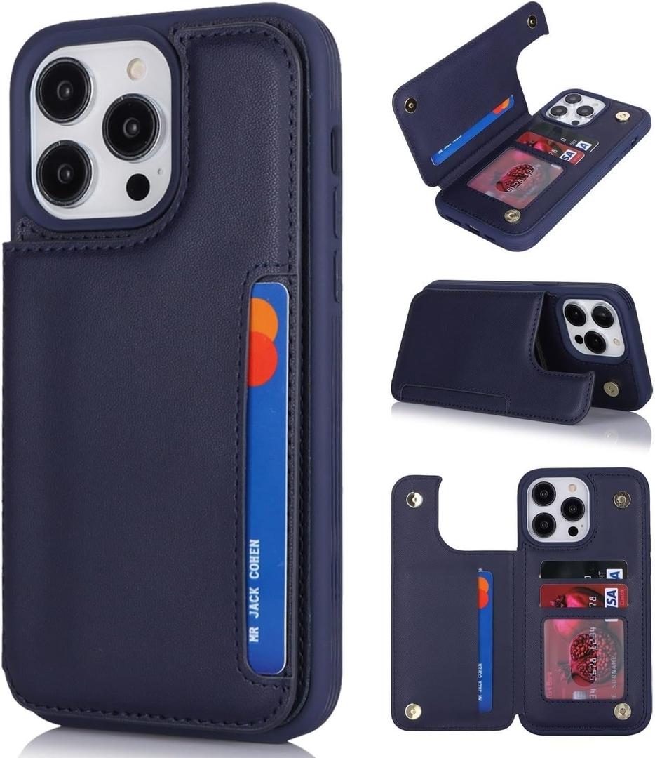 iCoverCase Compatible with iPhone 14 Pro Max Phone Case with Card Holder, Wallet Case for Women Men RFID Blocking PU Leather Protective Case 6.7 Inch (Dark Blue)