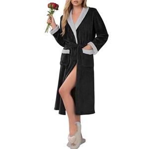 Ekouaer Robes for Women Soft Long Bathrobe Lightweight Fleece Shawl Collar Spa Robe Cozy Sleepwear with Pockets -XXL, Black/Light Gray