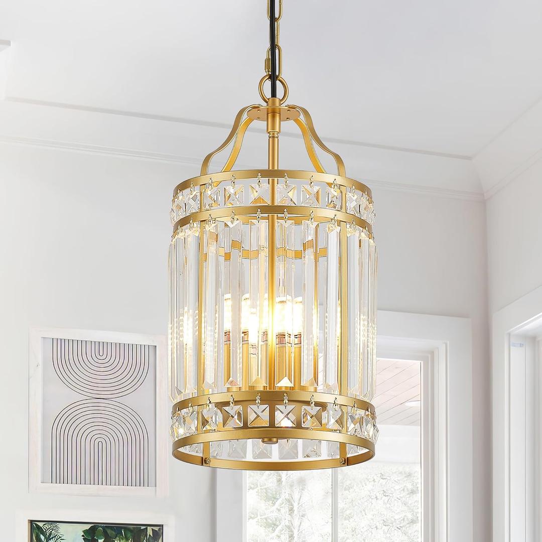 Modern Gold Pendant Island Light Fixtures for Kitchen, Luxury Elegant Crystal Small 4-Light Chandeliers for Dining Room, Industrial Cage Hanging Ceiling Lighting for Bedroom Foyer Hallway