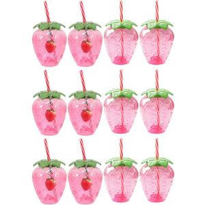 3 x DOITOOL Strawberry Plastic Cups with Lids and Straws 12 Pcs Party Drinkware Set for Girls Summer Pool Hawaiian Themed Parties Adorable Strawberry Tumbler Cups