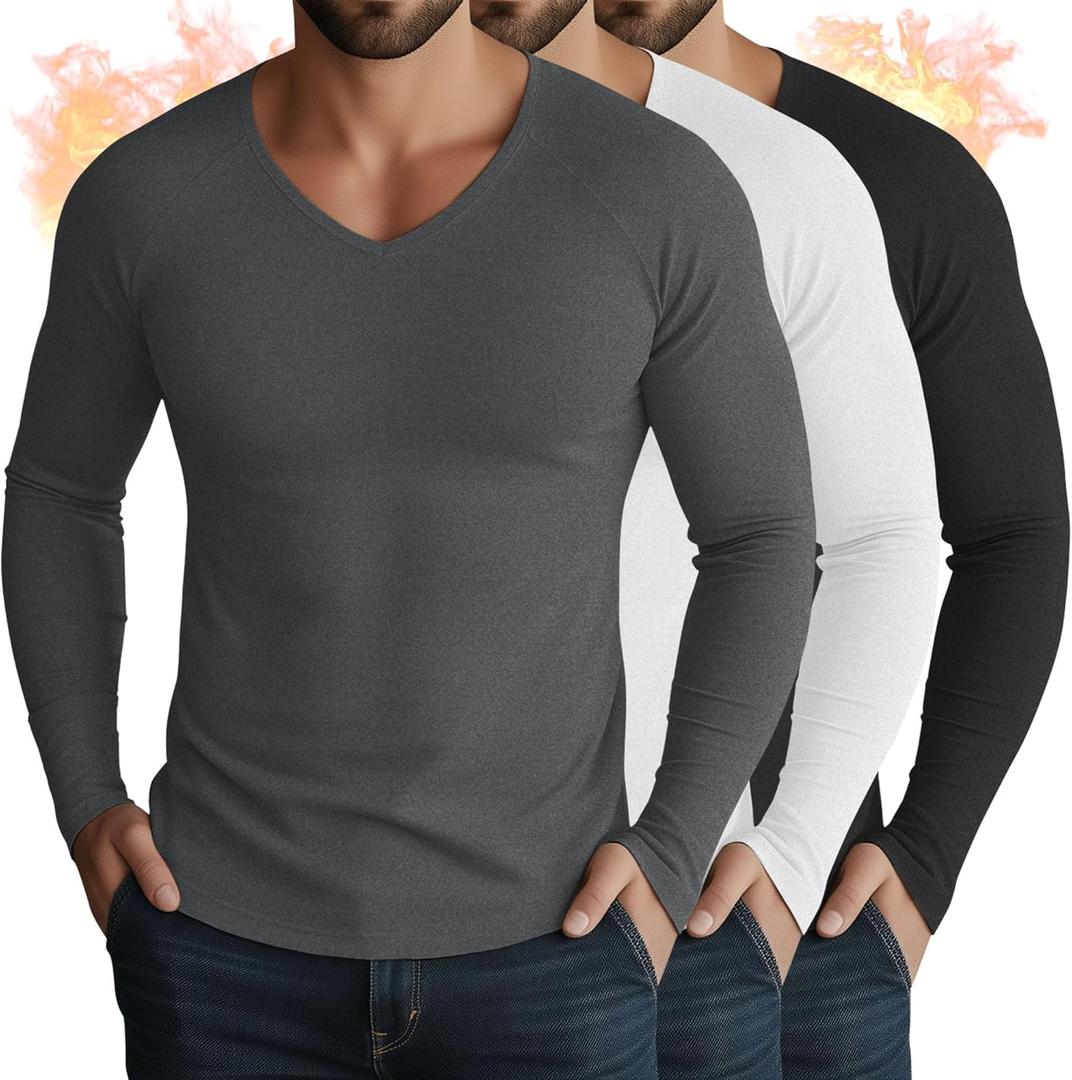 3 Pack Men's Thermal Shirts Big and Tall Fleece Lined Long Sleeve V Neck Base Layer Raglan Curved Hem Warm Tops (X-Large, Black, White, Gray)
