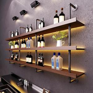 Solid Wood Wine Racks Wall Mounted with LED Lights, Metal Wine Bottles Display Shelf, Industrial Floating Lighted Bar Shelves Liquor Rack for Home & Dining Room (120cm/47.2in)