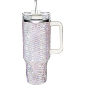 40oz Tumbler with Handle-Glitter Rhinestones Tumbler Bling Cups Stainless Steel Water Bottle Diamond Studded Tumbler for Women-Birthday Gifts for Women, Mom, Wife, Girlfriend (40 oz, White)