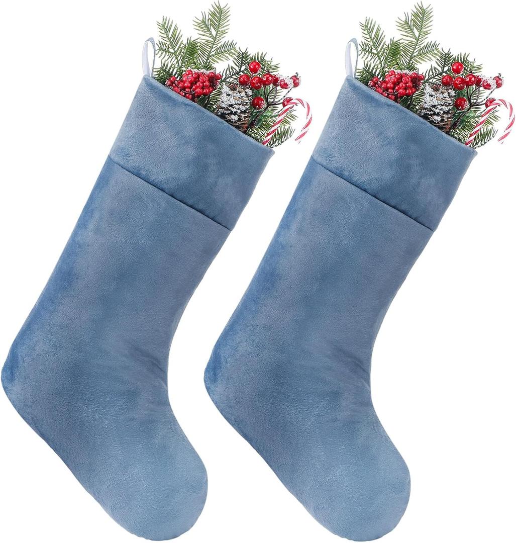 Soulchen 2 Pieces Christmas Velvet Stocking 10 x 19 Inch Xmas Hanging Stockings Sock for Fireplace Christmas Tree Ornament Holiday Season Party Decorations (Blue)