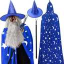 Hicarer 4 Pcs Halloween Wizard Costume Set Include Wizard Hat Cloak Wig Beard Wand Costume Accessories for Adults (Blue)