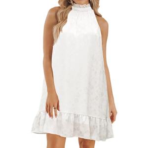 SENFURE Women Summer Floral Dress Casual 2025 Sleeveless Halter Dress Ruffle Flowy Boho Sundress Swing Cocktail Mini (Medium, White)