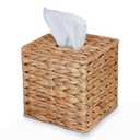 PINXIURY Water Hyacinth Handwoven Tissue Box Cover, Natural Handmade Wicker Napkin Box Holder, Handcrafted Square Facial Tissue, Rustic Decorative on Table and Bathroom, Office, Boho Decorative