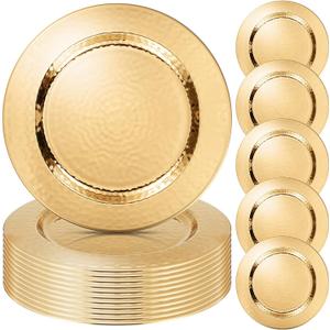 12 Packs Chargers Plates Bulk 13 Inch Stainless Steel Hammered Rim Round Elegant Dinner Plates Luxury Decorative Chargers for Wedding Party Catering Upscale Events (Gold)