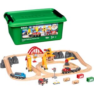 BRIO World Cargo Railway Deluxe - Wooden Track Train Set - Battery-Powered Engine, 3 Cranes, Bridge, Truck - Kids Ages 3+ - Compatible with All Wooden Rail Sets - FSC Certified Wood - 54-Pieces