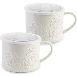 Soup Bowls with Handle and Vented Lid, 35oz Large Wide Ceramic Soup Mugs, Soup Cups for Ramen, Oatmeal, Pastas, Cereals, Set of 2, Microwave Safe (White)