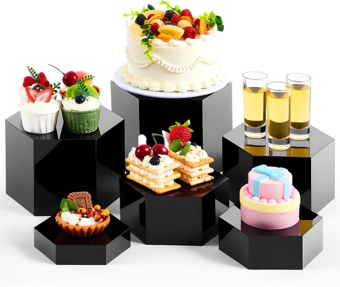 Leinuosen 6 Pcs Large Buffet Risers, 5.5 to 8 Inch Catering Dessert Table Risers Food Decorative Stands with hollow bottom for Catering Supplies, Party(Black, Hexagonal)