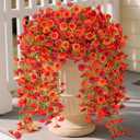 Artificial Fall Hanging Flowers for Decoration, 2pcs Long Vine Fake Flowers Plants Morning Glory, Realistic Faux Petunias for Planter Patio Porch Garden Autumn Outdoors Dec, Orange Red