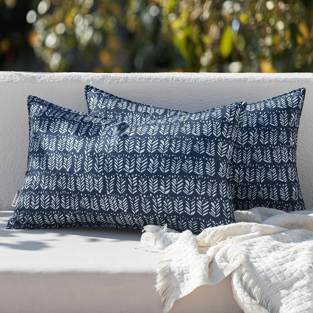 MIULEE Outdoor Set of 2 Patio Lumbar Pillows, 12x 20 Fade Resistant Outdoor Lumbar Pillow with Inserts, Fluffy Decorative Garden Waterproof Cushions for Home Patio Coach Sofa Use, White