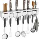 Knife Holder, Stainless Steel Knives Holder with 8 Hooks, No Punching kitchen Wall Mounted Multifunctional Chopsticks & Knife Holder for Storing Chopsticks, Knives & Rags in Home/Hotel