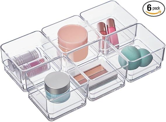STORi SimpleSort 6-Piece Stackable Clear Drawer Organizer Set | 3" x 3" x 2" Square Trays | Small Makeup Vanity Storage Bins and Office Desk Drawer Dividers | Made in USA
