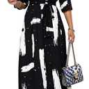 Maxi Dresses for Women Plus Size Printed 3/4 Sleeve Long Dress with Belt