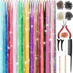 22 Colors 7700 Strands Hair Tinsel Kit, 48 Inch Glitter Tinsel Hair Extensions for July Fourth Christmas New Year Halloween Cosplay, Heat Resistant Fairy Hair Accessories for Girls, Kids, Women (1 Count (Pack of 22))