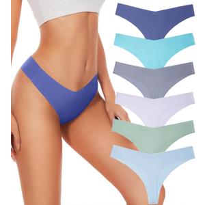 Hellopopgo Seamless Thongs For Women V-waisted No Show Thong Seamless Panties Breathable Comfortable Underwear Womens 6-Pack, Large