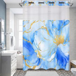 No Hook Shower Curtain with Snap in Liner Set, Blue and Gold Marble Floral Fabric Shower Curtain for Bathroom Hotel 71x74 Inches