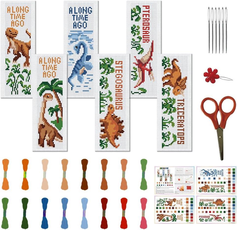 FREEBLOSS 6 Set Cross Stitch Bookmark Kit Cartoon Dinosaur Stamped Cross Stitch Kits for Beginners DIY Embroidery Bookmarks DIY Bookmark Kit for Adults Gift 6 * 20CM